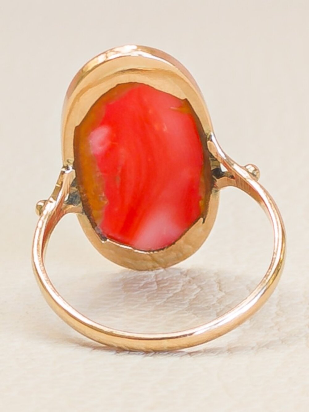 14k Gold Mediterranean Coral Cabochon Ring View 3